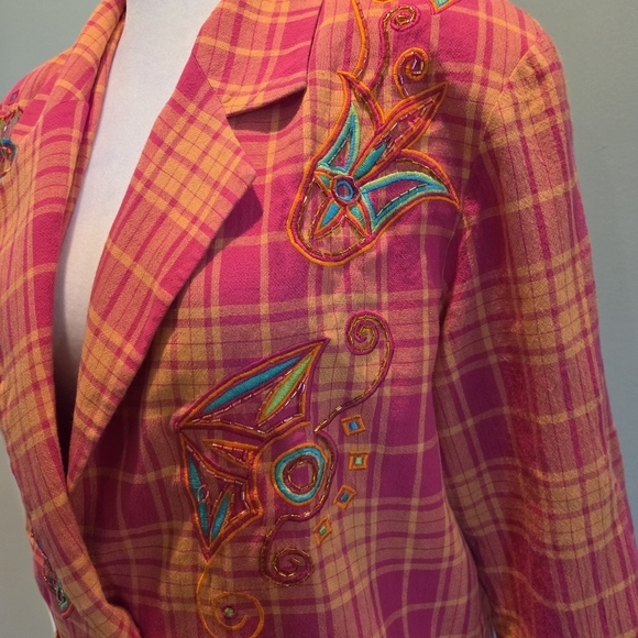 I.B. Diffusion Embroidered Plaid Blazer Jacket Size 10 Pink Orange Vintage 90s - Picture 4 of 14